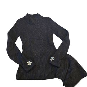 Oscar de la Renta Midnight Black Turtleneck Sweater with Jewel Cuffs Size Small